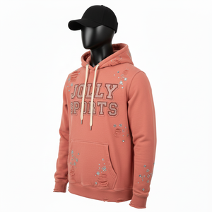 Sudadera con Capucha Estilo Básico, Color Durazno, Tejido de Felpa Suave de 330 a 350 GSM, Estilo Desgastado, Logotipo Personalizado con Pedrería y Bordado - Product Image 4