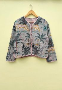 เสื้อโค้ทผ้าฝ้ายอินเดียทำด้วยมือสำหรับผู้หญิงแจ็คเก็ตท่อลายดอกไม้แบบกลับด้านได้ - Product Image 5