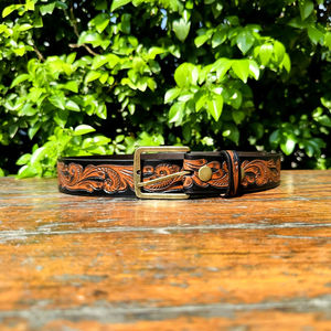 Ceinture en cuir véritable sculptée à la main de style western classique vintage avec boucle en laiton massif durable finition OEB - Product Image 3