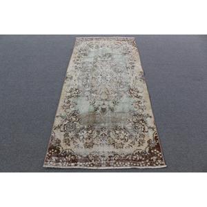 Turkish Rug 3.2x7 ft, <b>Brown</b> Green Check <b>Wool</b> Vintage Rug - Product Image 1