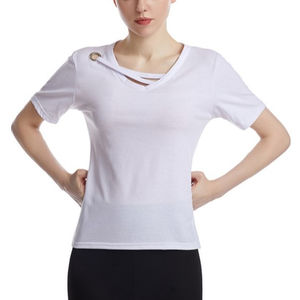 Camiseta de manga corta con cuello a rayas para mujer, ropa de algodón con estampado personalizado, cuello en V, tela de licra, Camiseta deportiva para mujer - Product Image 1