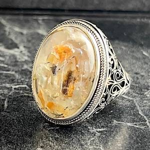 Anillo de cóctel bohemio hecho a mano para hombre, grande, de plata, con bisel ovalado de ágata naranja, patrón de ojo bordado, natural - Product Image 3