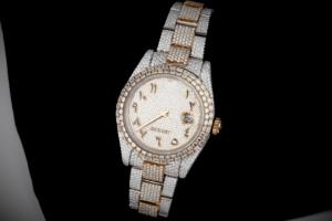 Dual Tone Moissanite Diamond Crafted Luxury HipHop Style Customizable <b>Arabic</b> <b>Numeral</b> Dial StainlessSteel Glass for Men and Women - Product Image 4