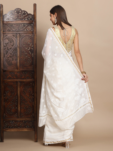 Lujoso Sari de seda tradicional Chikankari y Zari Work Chanderi con pieza de blusa para ropa india y paquistaní de invierno - Product Image 3