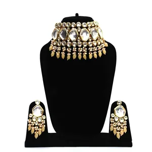 Gold-Plated Light Yellow Tumble and Polki Kundan <b>Studded</b> Bridal and Fine Jewelry Set with Zircon Main Stone - Product Image 1