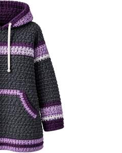 Sweat à capuche en tricot gris anthracite et violet personnalisé pour femmes, pull long à rayures, crochet, hiver, chaud, à capuche, avec poche - Product Image 3