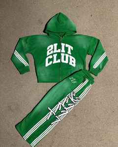 Imprimé strass brodé vert soleil délavé bouffée imprimé Logo personnalisé pull pantalon en détresse fermeture éclair à capuche soleil délavé survêtement - Product Image 2