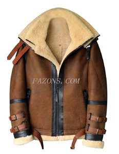 Men's Real Sheepskin B3 Flight Jacket Distressed Double Collar Bomber with Warm <b>Fur</b> Leather OEM Customizable - Product Image 4