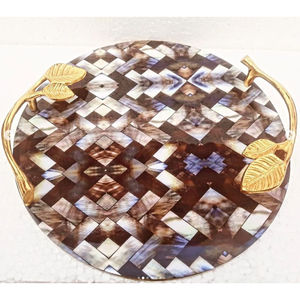 Plateau de service en nacre de la plus grande qualité avec poignées en métal Plateau de service rond au design antique pour thé et café - Product Image 2