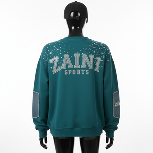 Sudadera de Mujer, Mezcla de Algodón Grueso, Color Verde Azulado, Panel de Mezclilla, Estampado de Diamantes de Imitación, Logotipo Personalizado, Sudaderas Transpirables para Mujer - Product Image 2