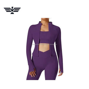 Women's Solid Breathable Seamless Zip-Up Activewear Set with Front Logo Stretch Fitness Jacket & High-Waist <b>Leggings</b> - Product Image 4