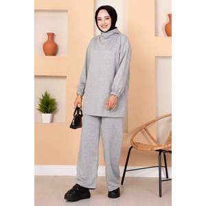 Ensemble 2 pièces en tissu polaire à capuche gris, décontracté, taille XS, logo personnalisé, tricot de haute qualité pour les tenues d'automne, haut ajusté court - Product Image 5