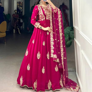 Traditional pink color fully flair gown with dupatta in vichitra <b>silk</b> <b>fabric</b> with embroidery work in festivals and weddings - Product Image 1