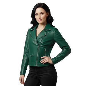 Biker Style Green Leather <b>Women</b> <b>Jacket</b> Custom Logo Wholesale Bulk Quantity Factory Direct Motorbike Leather Gear OEM Service - Product Image 1