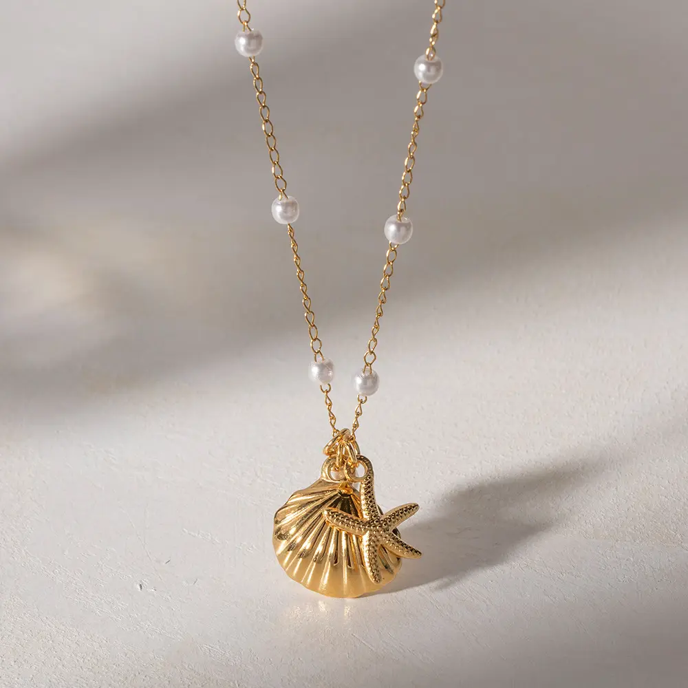 JoyEver waterproof tarnish free stainless steel boho beach ocean charms necklace gold starfish seashell pendant necklace