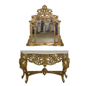 Table console en bois sculpté avec miroir Table de couloir feuille d'or et miroir avec dessus en marbre pour hôtel et meubles de maison classiques - Product Image 1