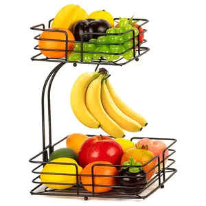 Modern Kitchen Black Mesh Wire 2 Tier Square Removable Fruit Basket Display Rack with Banana Hanger