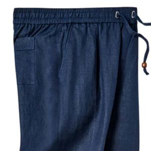 Pantalon en lin bleu marine conçu pour le confort et le style avec une poche latérale zippée dissimulée et une silhouette décontractée et facile. - Product Image 4