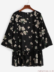 Women <b>Kimono</b> Cover up V Neck Flower Pattern Front Open Train Bottom Frill Casual Printed Chiffon A-Line Knee-Length Tunics - Product Image 4