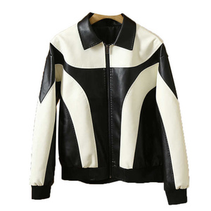 Blouson en cuir de style moto vintage automne-hiver pour homme Noir et blanc Couleur assortie Style vintage à la mode - Product Image 1
