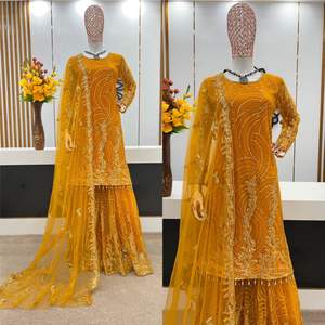 Présentation d'un nouveau haut avec Sharara Plazo en filet papillon doux avec une séquence de broderie lourde entièrement cousue avec Dupatta - Product Image 6