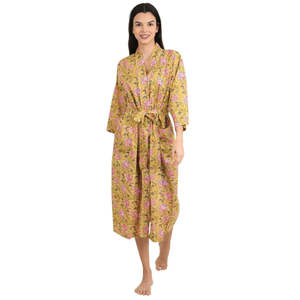 Bata de Casa Ligera de Algodón Estilo Boho-Kimono con Estampado Floral Indio Hecho a Mano, Traje de Baño Tipo Pareo - Product Image 1