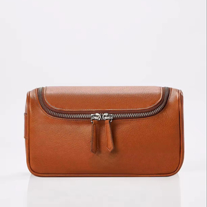 Leather Cosmetic Case Medium Size Zipper Closure Portable Travel <b>Toiletry</b> Bag for Men Women Simple Style - Product Image 1
