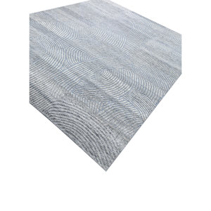 Tapis rectangulaire Azalea Blue en laine et soie de bambou noué à la main, patchwork abstrait pour couloir et chambre d'adolescents - Product Image 2