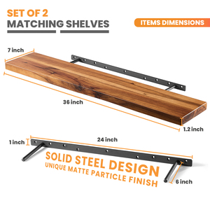 17&quot; 24&quot; 36&quot; Acacia Wood <strong>Floating</strong> <strong>Shelves</strong> Wall Mounted with Metal Bracket for Bathroom Home Decor Luxury Morden Hanging <strong>Shelves</strong> - Product Image 4