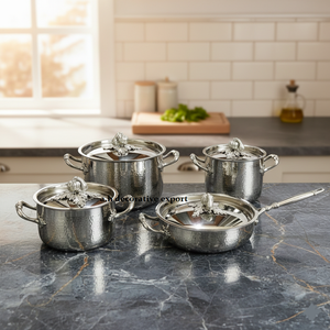 Premium Royal Design Hammered Stainless Steel Cookware Set Silver Leaf Accent Kitchenware Casserole Pan Pots Eco-Friendly Gas - Product Image 1