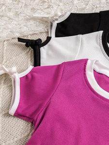 Pullover anak perempuan kaus lengan pendek pas badan leher bulat dengan desain pita setelan tiga potong pakaian rajut Sensual kasual musim semi/musim panas - Product Image 5