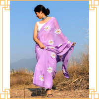 Sari en Georgette Brodé Lavable de Luxe, Meilleure Vente, avec Dentelle Florale, Haut de Gamme, Ethnique Indien, pour Fêtes et Festivals, pour Adultes