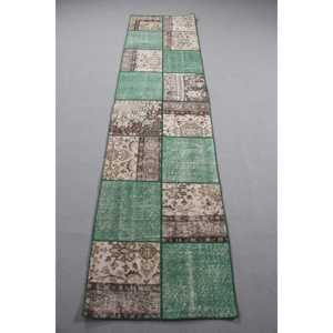 พรมวินเทจขนาด 2.2x9 ฟุต ลายสัตว์สีเขียว พรมขนสัตว์ตุรกี - Product Image 1