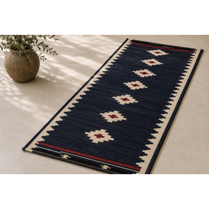 Tapis d'escalier en laine tissé à la main bleu marine, motif géométrique sud-ouest, lavable et antidérapant - Product Image 2