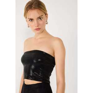 <b>Black</b> Shiny Fabric <b>Strapless</b> Crop <b>Top</b> - Product Image 2
