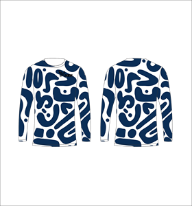 Camiseta de Manga Larga Sublimada Personalizada, Blanca con Azul Marino, Patrón Abstracto, Cuello Redondo, Ropa Deportiva de Alto Rendimiento, Estilo Feroz - Product Image 1