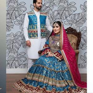 Traditional Pakistani Vintage Couple Dress Handmade Ethnic Cultural Wedding Clothing <b>Waist</b> <b>Coat</b> Floor Length Long Sleeve Floral - Product Image 1