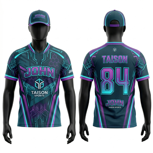 Maillot d'e-sport pour hommes, tissu polyester respirant de qualité supérieure 180 GSM, design géométrique bleu et violet, logo personnalisé par sublimation - Product Image 4