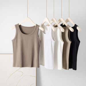 Top Corto sin Mangas para <span class=keywords><strong>Mujer</strong></span>, Estilo Básico, Elástico, Acanalado, 91.6% Algodón, 8.4% Spandex, Cuello Redondo - Product Image 1