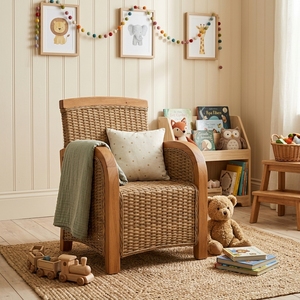 Silla Infantil de Madera de Teca Natural y Ratán Sintético, Muebles para Cuarto de Juegos, Asiento Infantil para Guardería, Sillón Miniatura en Forma de Caja - Product Image 3