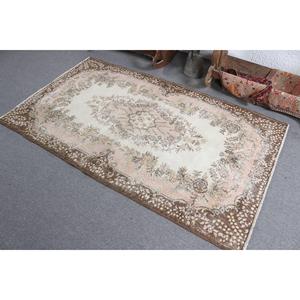 Vintage Turkish Rug, 3.8x6.5 ft Area Rug, <b>Brown</b> Pink Check <b>Wool</b> Rug - Product Image 4