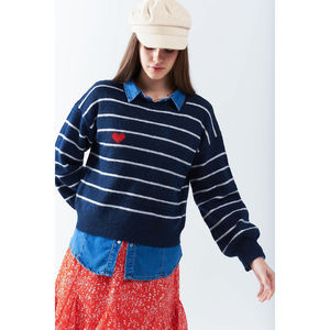 เสื้อสเวตเตอร์ถักลายทางสีน้ำเงินสำหรับผู้หญิง แต่งหัวใจสีแดง ระบายอากาศได้ดี สไตล์ลำลองสำหรับฤดูใบไม้ร่วง ตกแต่งกระดุมด้านหน้า พร้อมโลโก้ - Product Image 2