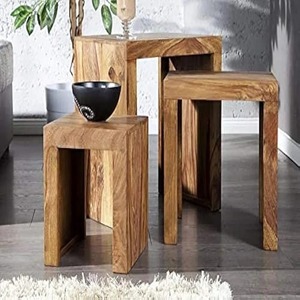 Mesas auxiliares anidadas de madera maciza, Juego de 3 taburetes con acabado natural para el hogar, comedor, sala de estar, cocina o muebles de Hotel - Product Image 3