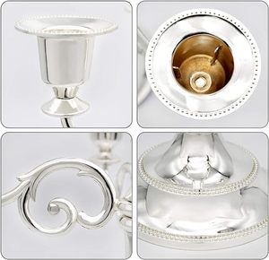 Juego de 5 Candelabros de Metal Plateado, Candelabro Triple Decorativo de 25 cm, Decoración para el Hogar de Acero Inoxidable - Product Image 4