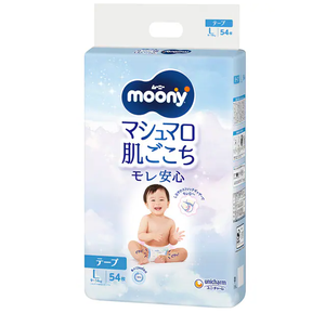 Moony Tape 2025 Pañales desechables para recién nacidos de calidad superior 54 piezas/L 4 paquetes/X Hecho Japón Algodón Piel sensible Fugas Bebés - Product Image 1