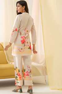 Conjunto Coordinado Casual de Dos Piezas para Mujer 100% Algodón con Estampado Floral Elegante Estilo Occidental Pantalones de Traje Formal para Vacaciones - Blanco - Product Image 4