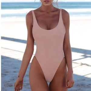 Custom Logo Front Scoop Neck One Piece Swimsuit Women Solid Color High Cut Monokini Plus Size Soft Stretch Swimwear - Product Image 2
