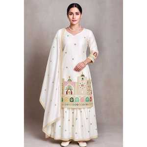 Lanzamiento de Nuevos Diseños Modernos de Trajes Festivos Sharara Palazzo en Tela de Seda Chinon Pura con Encaje en el Borde - Product Image 1