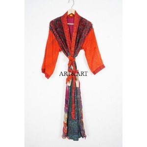 Indian Patchwork <b>Silk</b> <b>Kimono</b> Robe Home Hotel Floral Daily Nonwoven <b>Silk</b> Lounge Wear Thermal Three-Quarter Vacation Night Wear - Product Image 1
