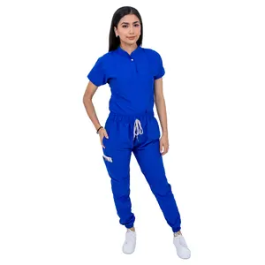 Set pelari bedah wanita, Scrub biru metalik lengan pendek leher Mao dan celana jogging (Kustom)